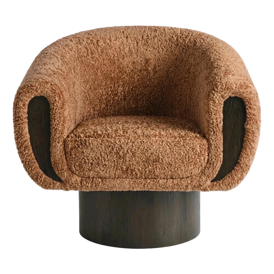 Curved Boucle Armchair with Dark Wood Base