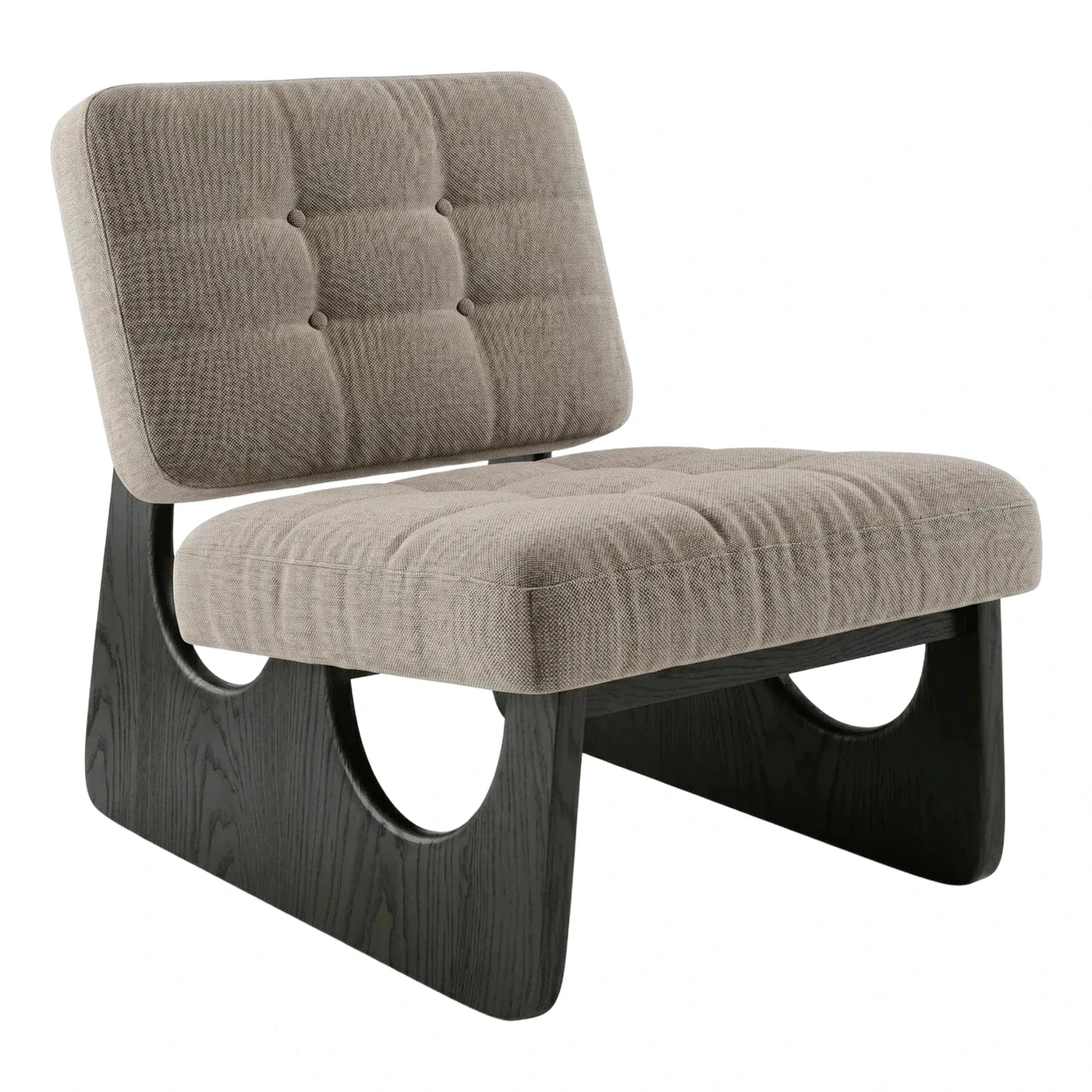 Beige Tufted Lounge Chair with Sculptural Black Wood Base