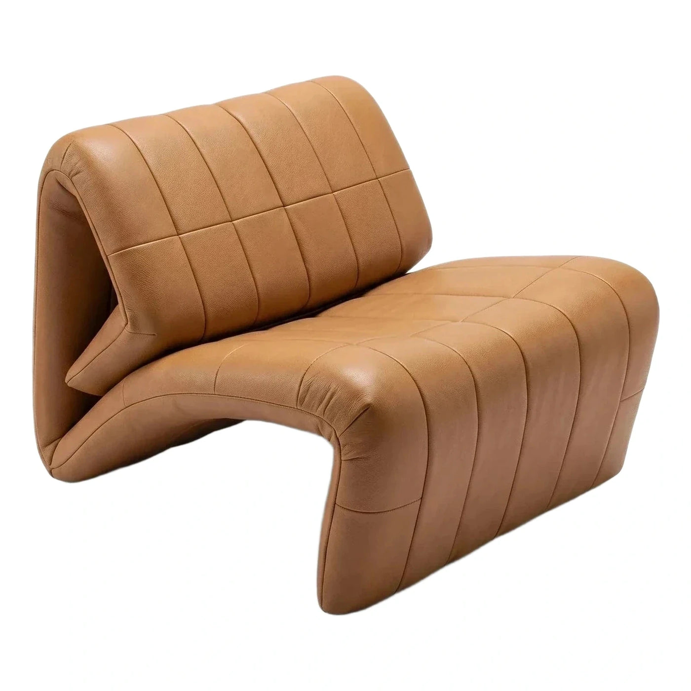 Tan Leather Channel-Tufted Sculptural Lounge Chair
