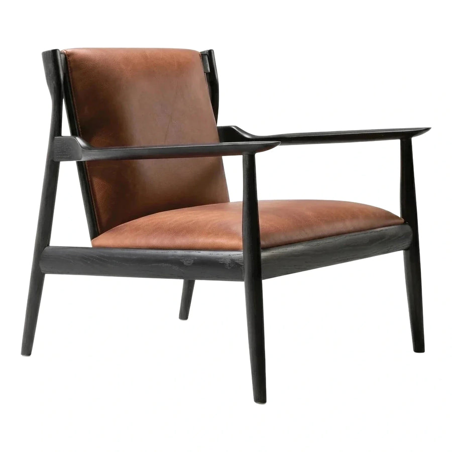 Dark Wood Frame Brown Leather Lounge Chair