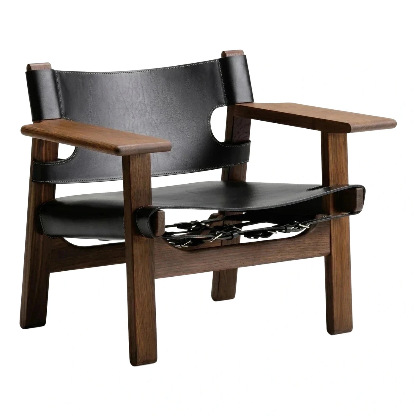 Dark Wood Frame Black Leather Sling Lounge Chair