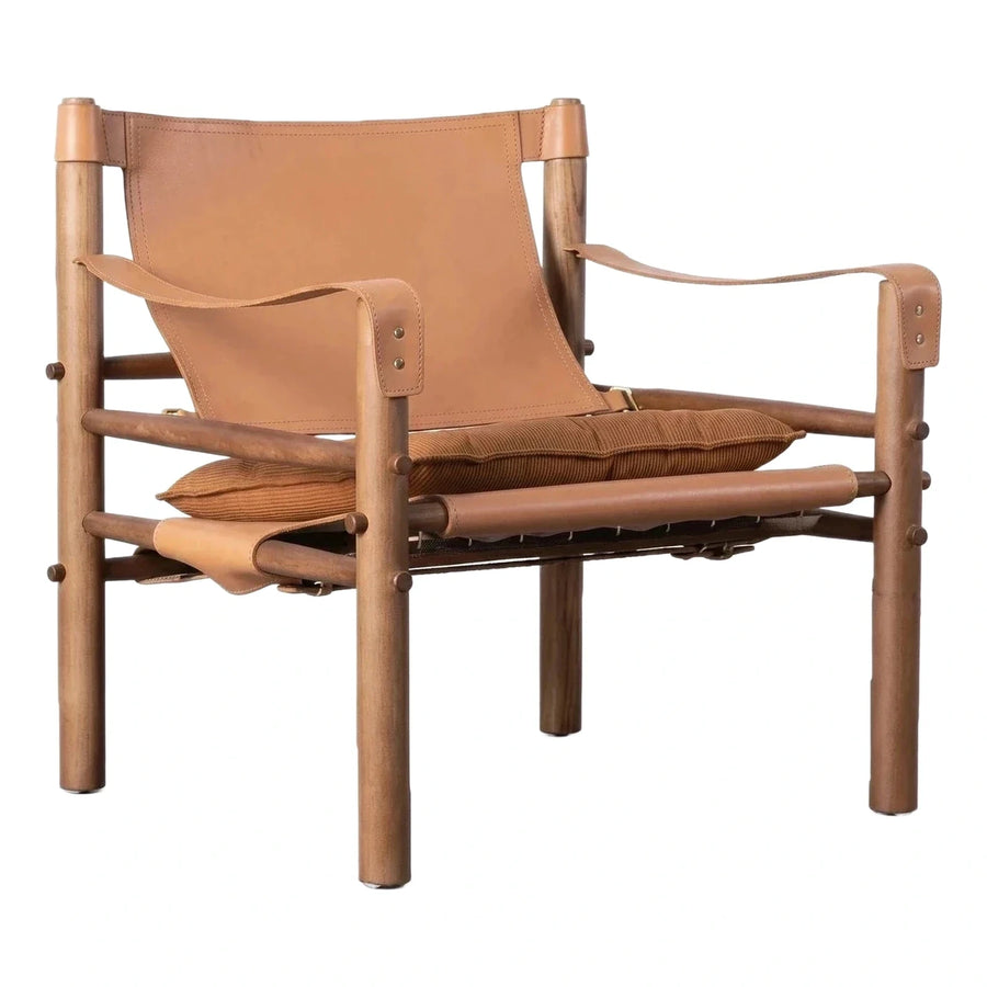 Tan Leather Sling Lounge Chair with Wooden Frame
