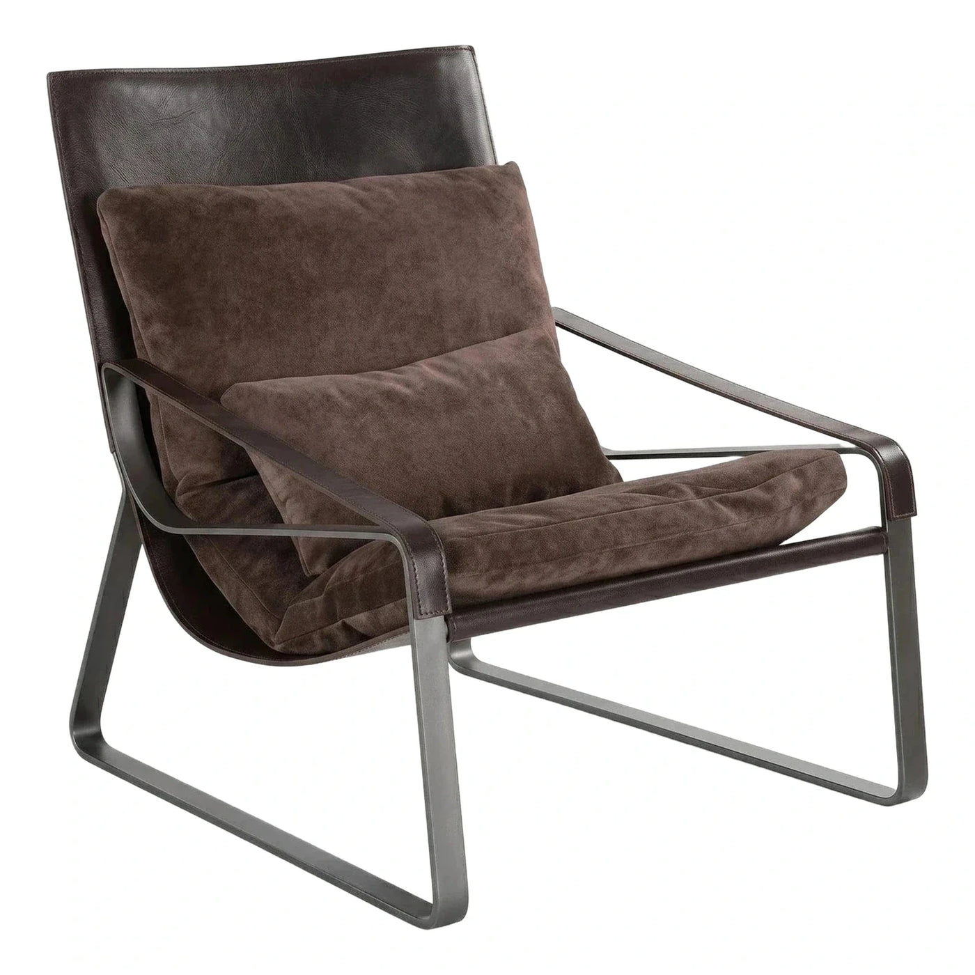 Modern Dark Brown Leather Lounge Chair with Metal Frame