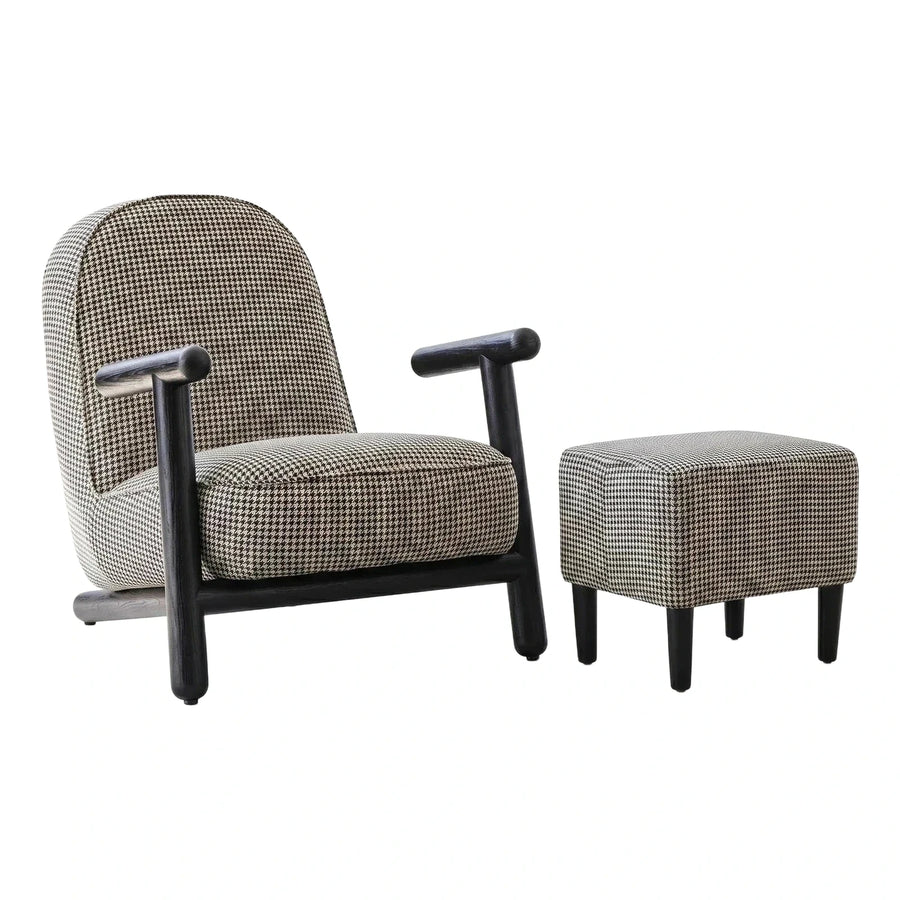 Houndstooth Upholstered Lounge Chair and Ottoman with Wood Frame