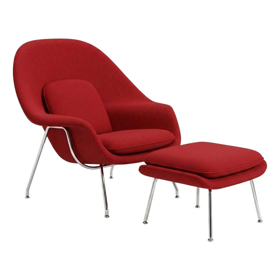 Red Fabric Lounge Chair and Ottoman with Chrome Legs