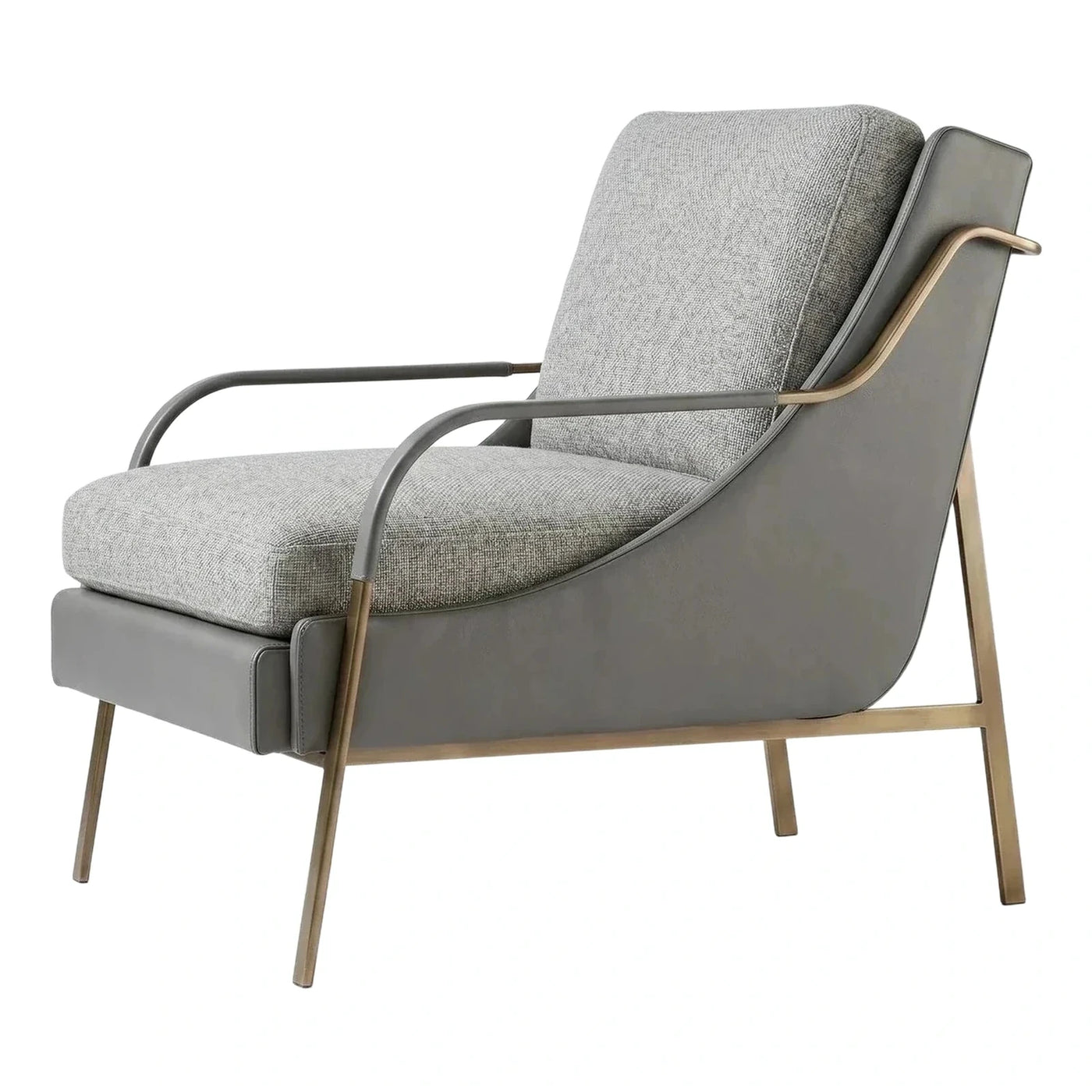 Modern Grey Fabric Armchair with Leather Shell and Gold Frame