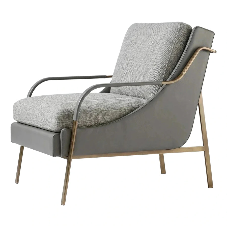 Modern Grey Fabric Armchair with Leather Shell and Gold Frame