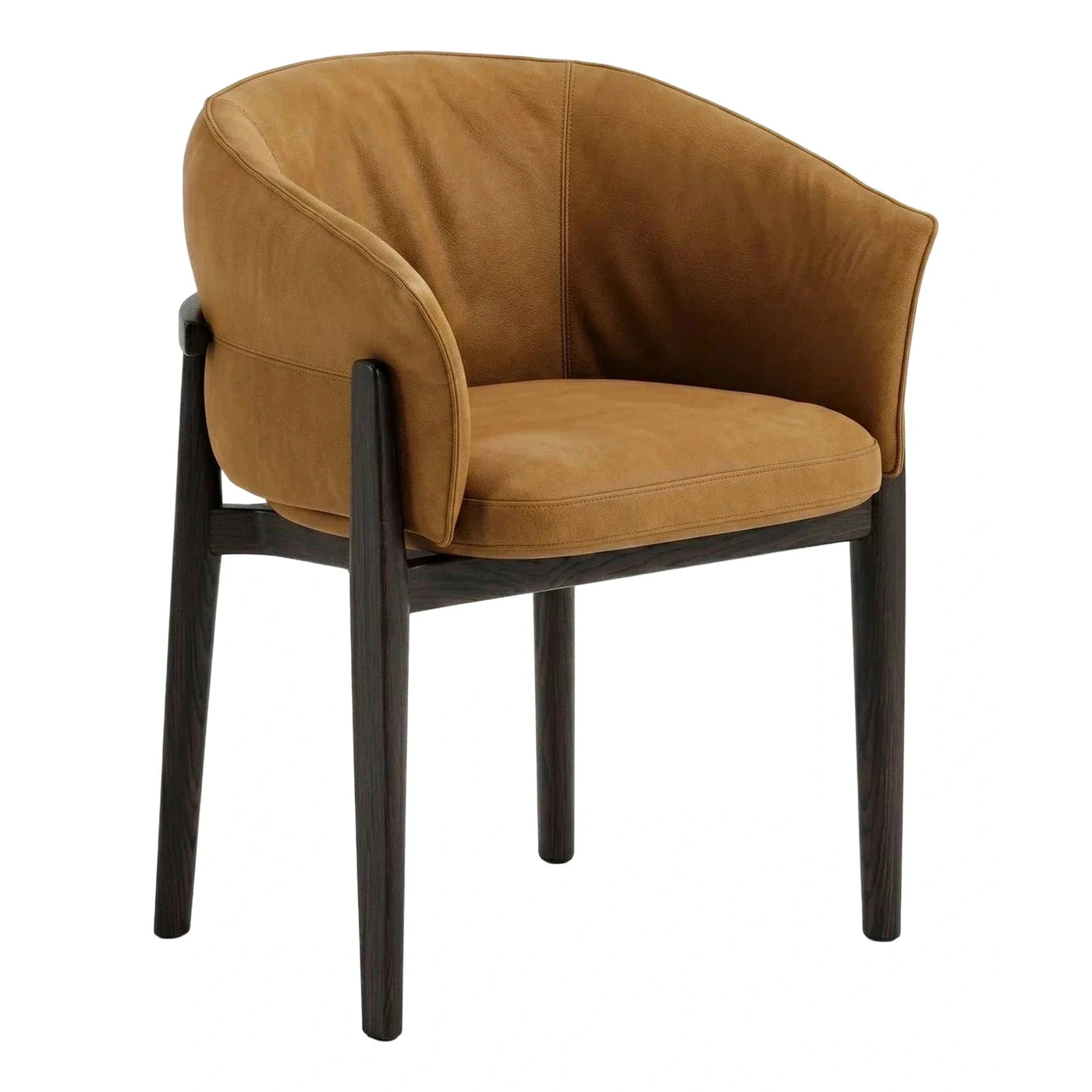 Modern Tan Leather Tub Chair with Dark Wood Frame