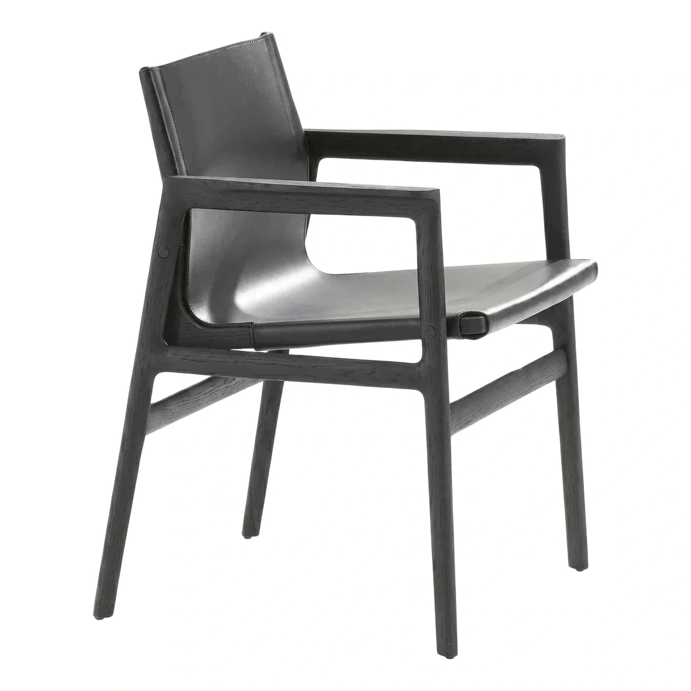 Modern Black Leather Sling Armchair with Wood Frame