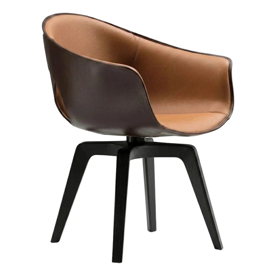 Two-Tone Brown Leather Swivel Armchair with Black Wood Base