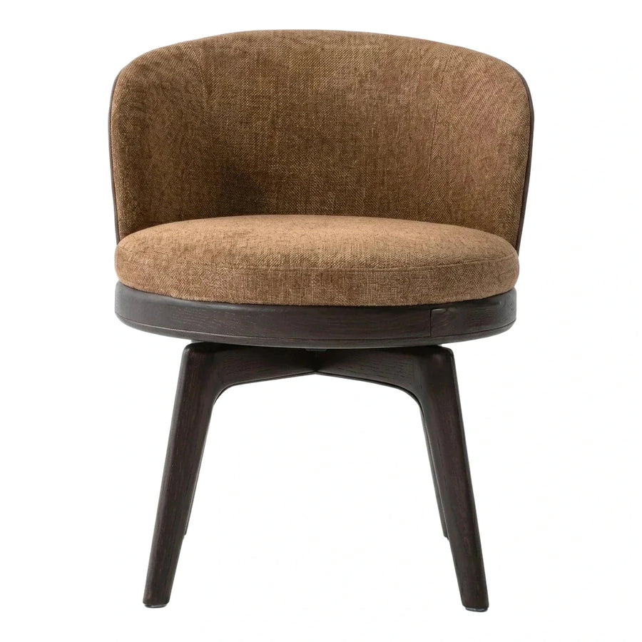 Textured Brown Fabric Swivel Chair Dark Wood Base
