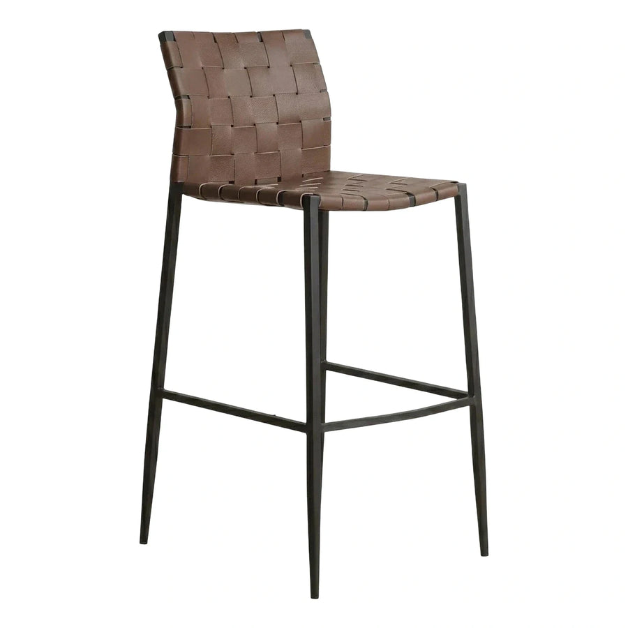 Brown Woven Leather Bar Stool with Metal Frame