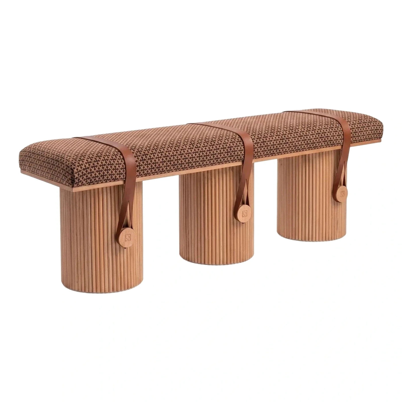 Modern Fluted Wood Bench with Patterned Cushion