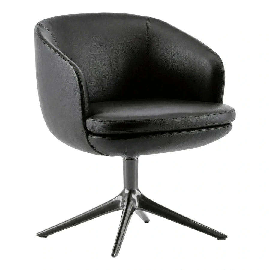 Modern Black Leather Swivel Armchair with Metal Base