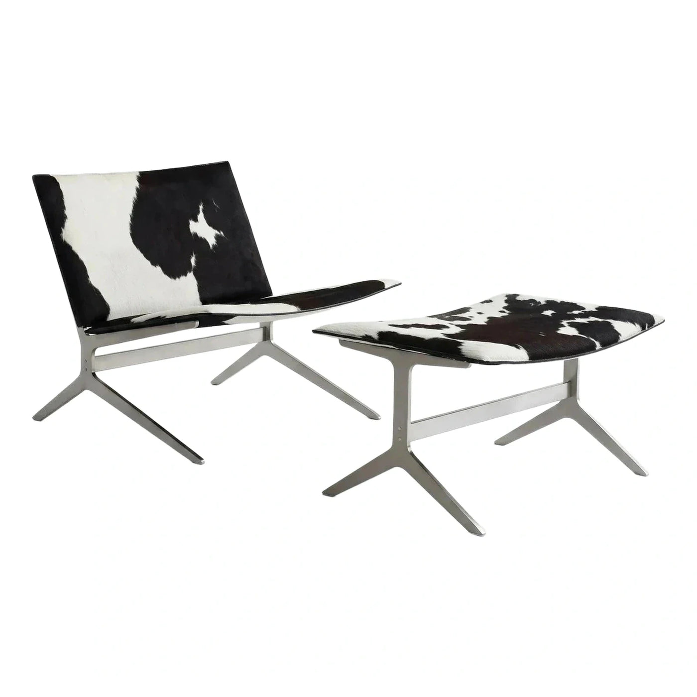 Modern Black and White Cowhide Lounge Chair and Ottoman