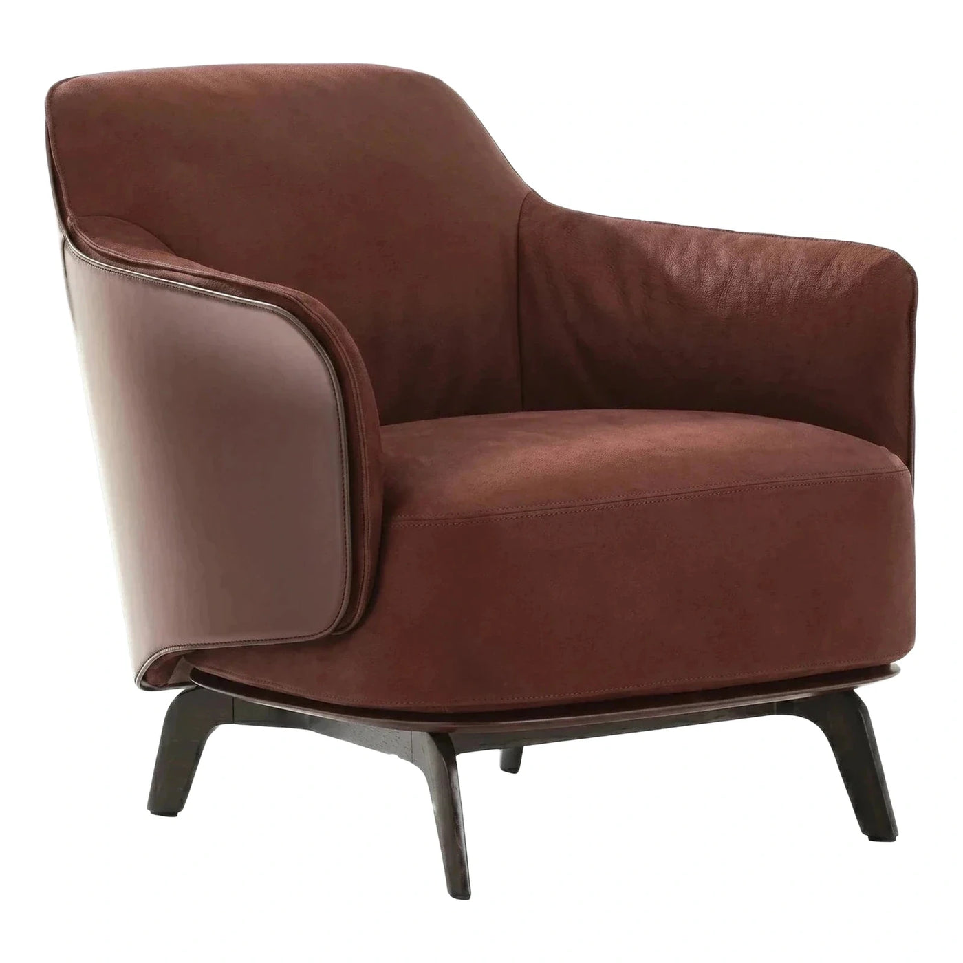 Modern Brown Leather Armchair with Dark Wood Base