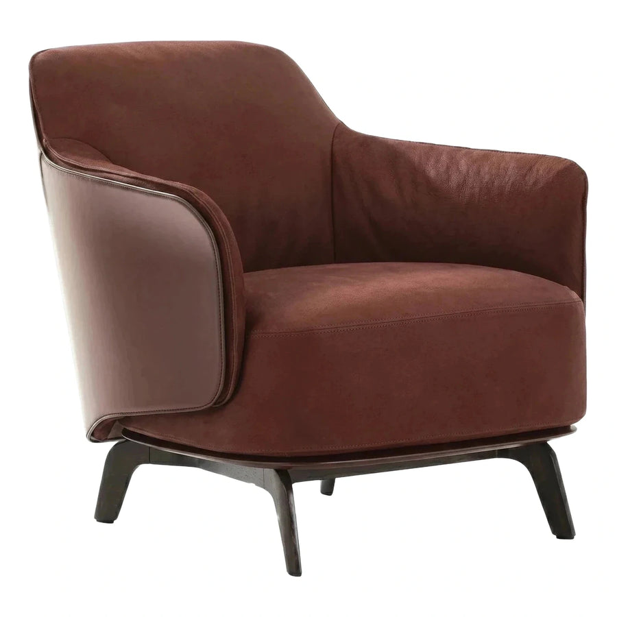 Modern Brown Leather Armchair with Dark Wood Base