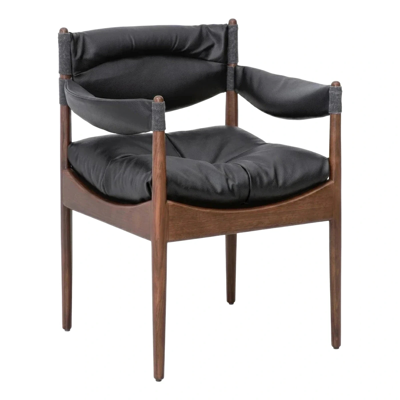 Black Leather Sling Armchair with Dark Wood Frame