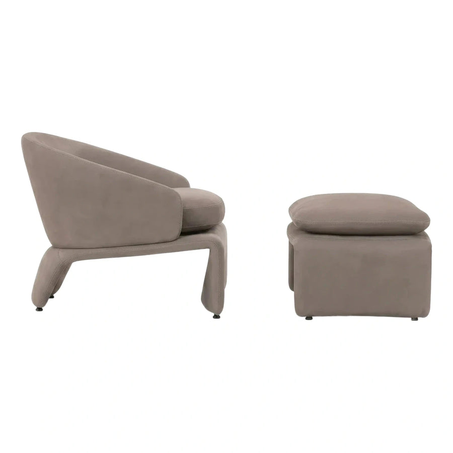 Modern Taupe Leather Lounge Chair and Ottoman Set