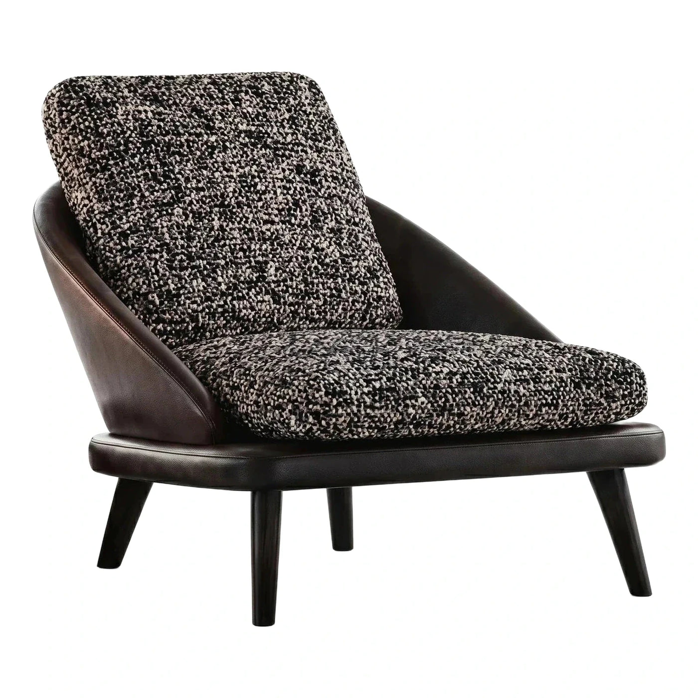 Modern Dark Leather Lounge Chair with Speckled Boucle Cushions