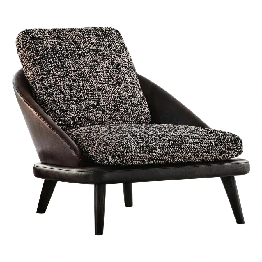 Modern Dark Leather Lounge Chair with Speckled Boucle Cushions