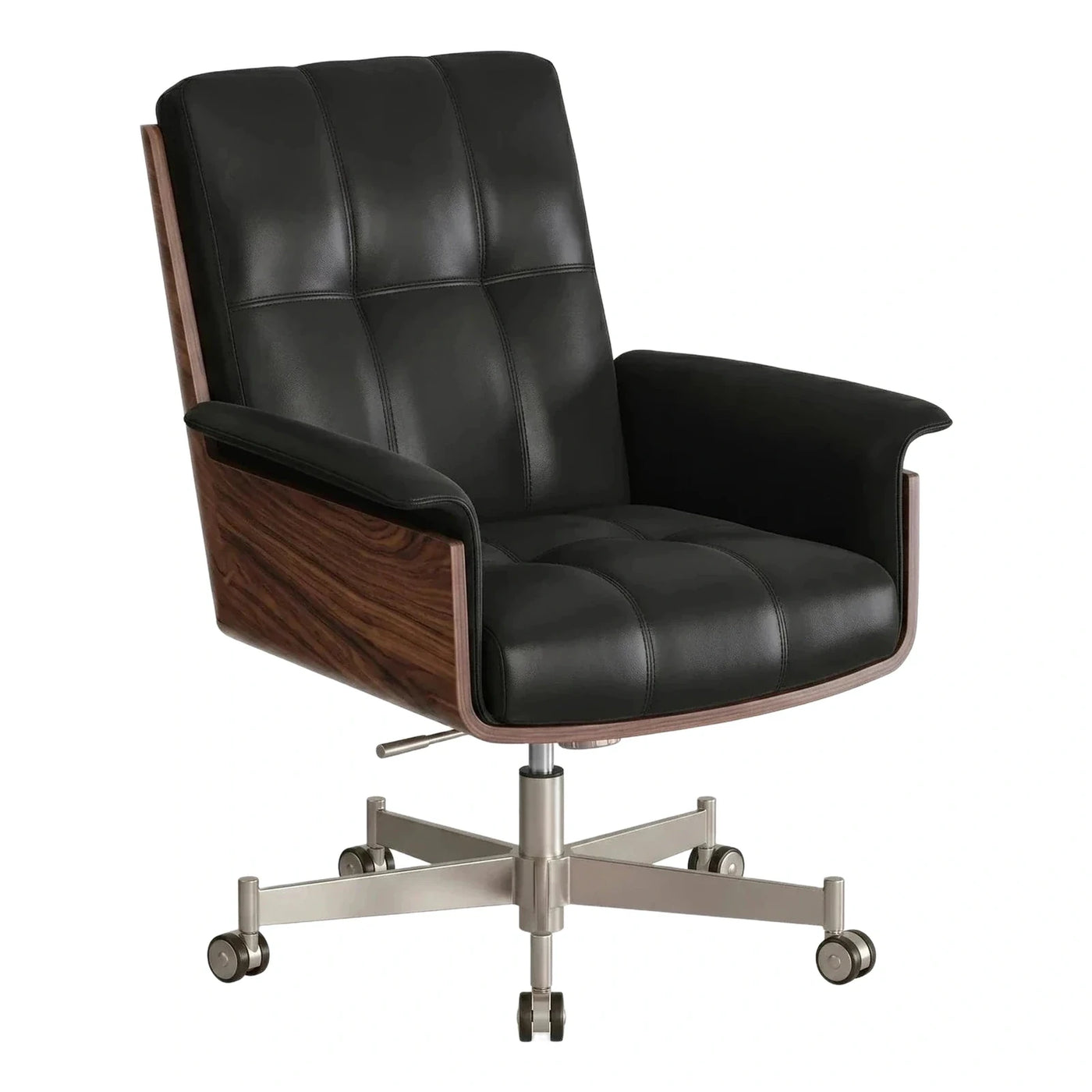 Black Leather Executive Swivel Chair with Wood Shell