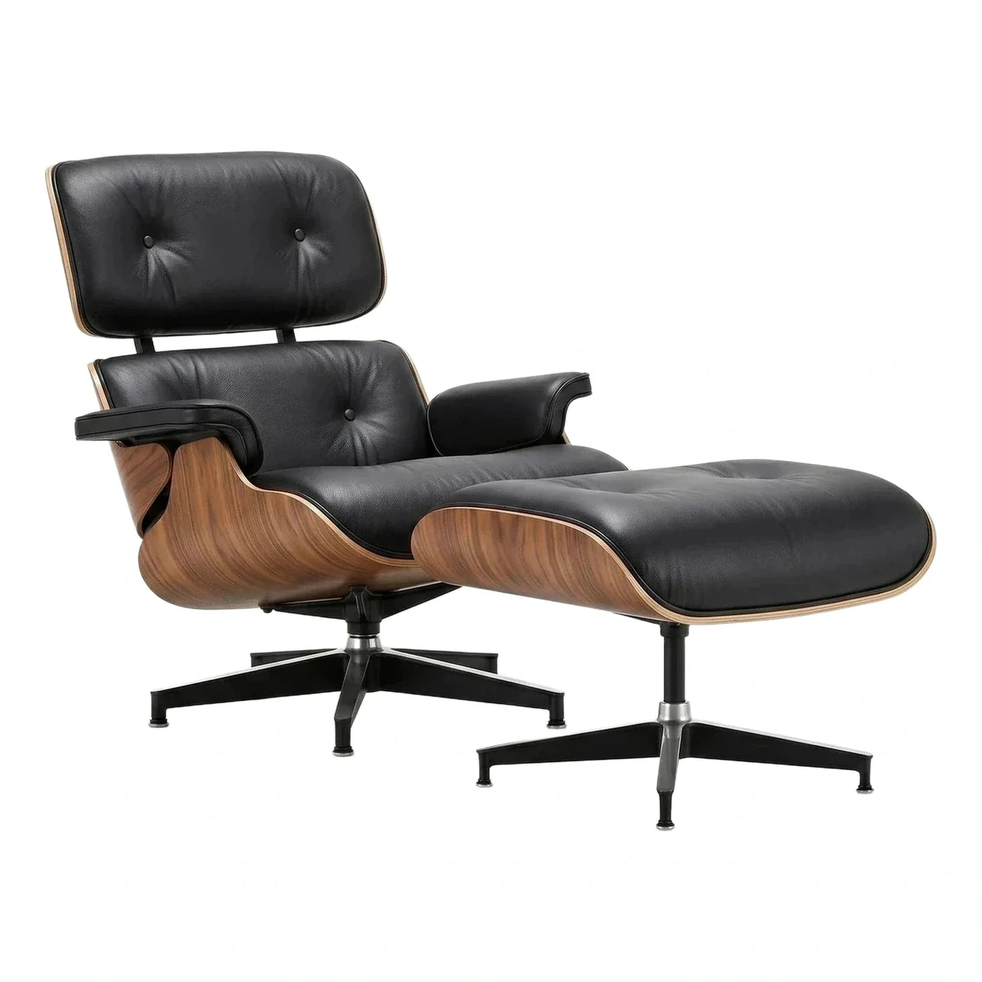 Black Leather Lounge Chair and Ottoman with Wood Shell