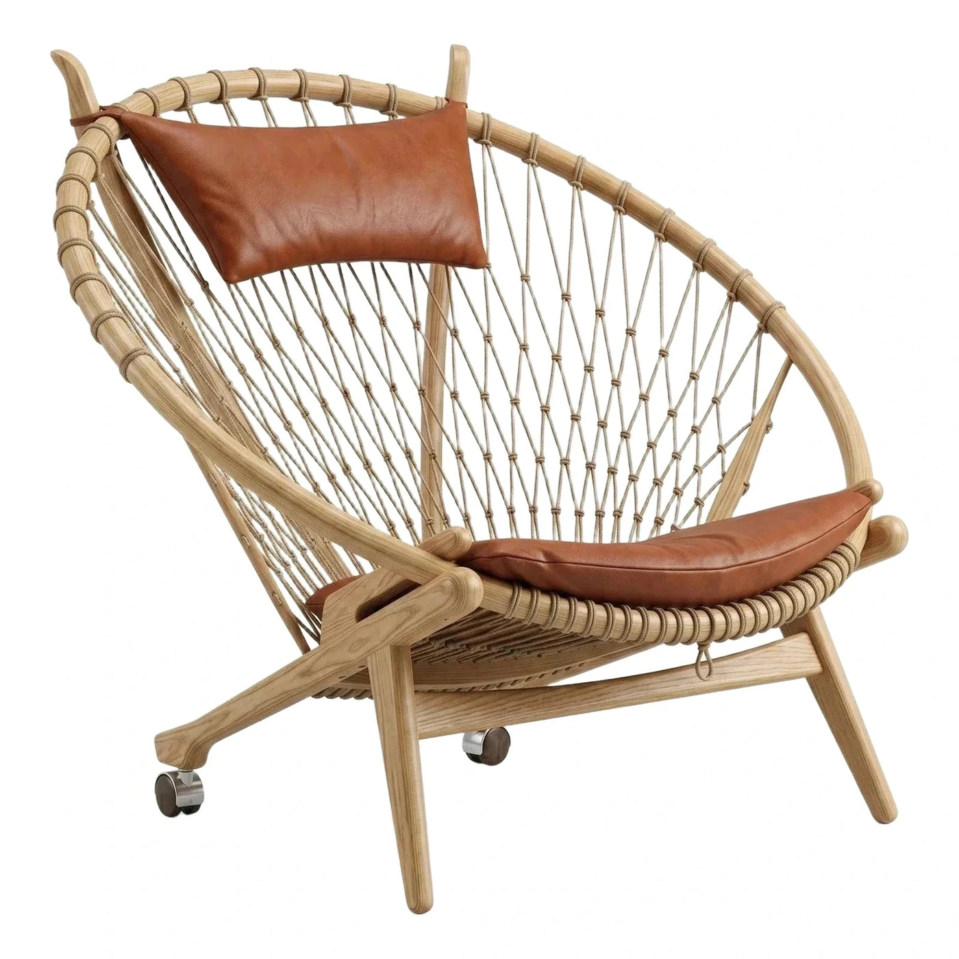 Curved Wood Lounge Chair with Rope Weave and Leather Cushions