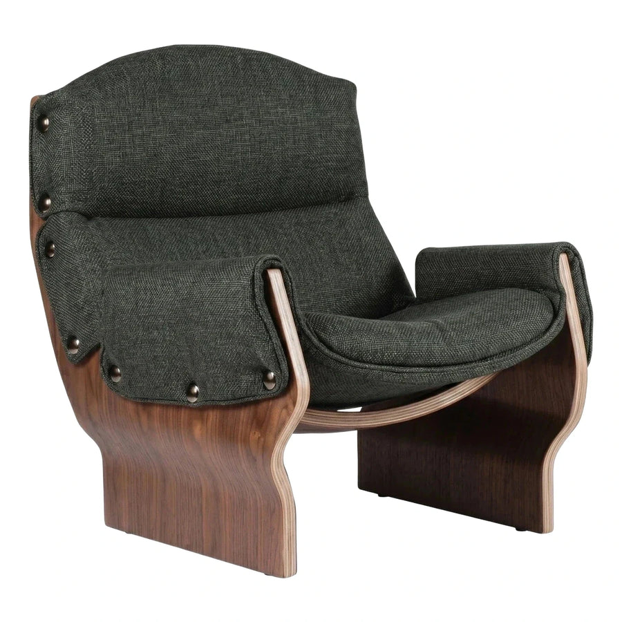 Sculptural Bent Wood Frame Green Fabric Lounge Chair