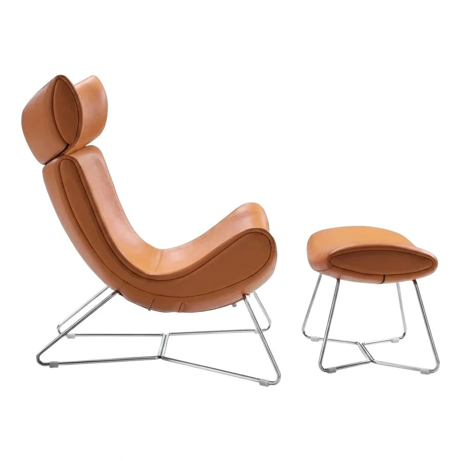 Modern Tan Leather Lounge Chair and Ottoman