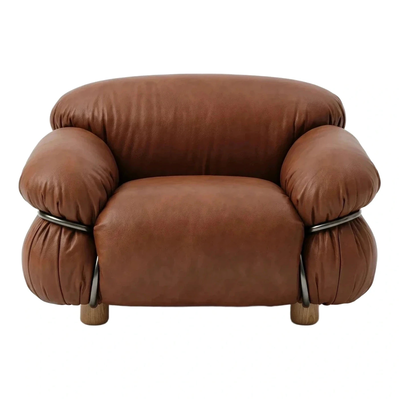 Modern Brown Leather Lounge Chair with Metal Bands