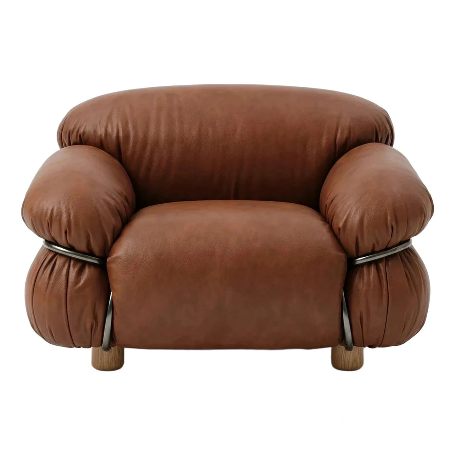 Modern Brown Leather Lounge Chair with Metal Bands