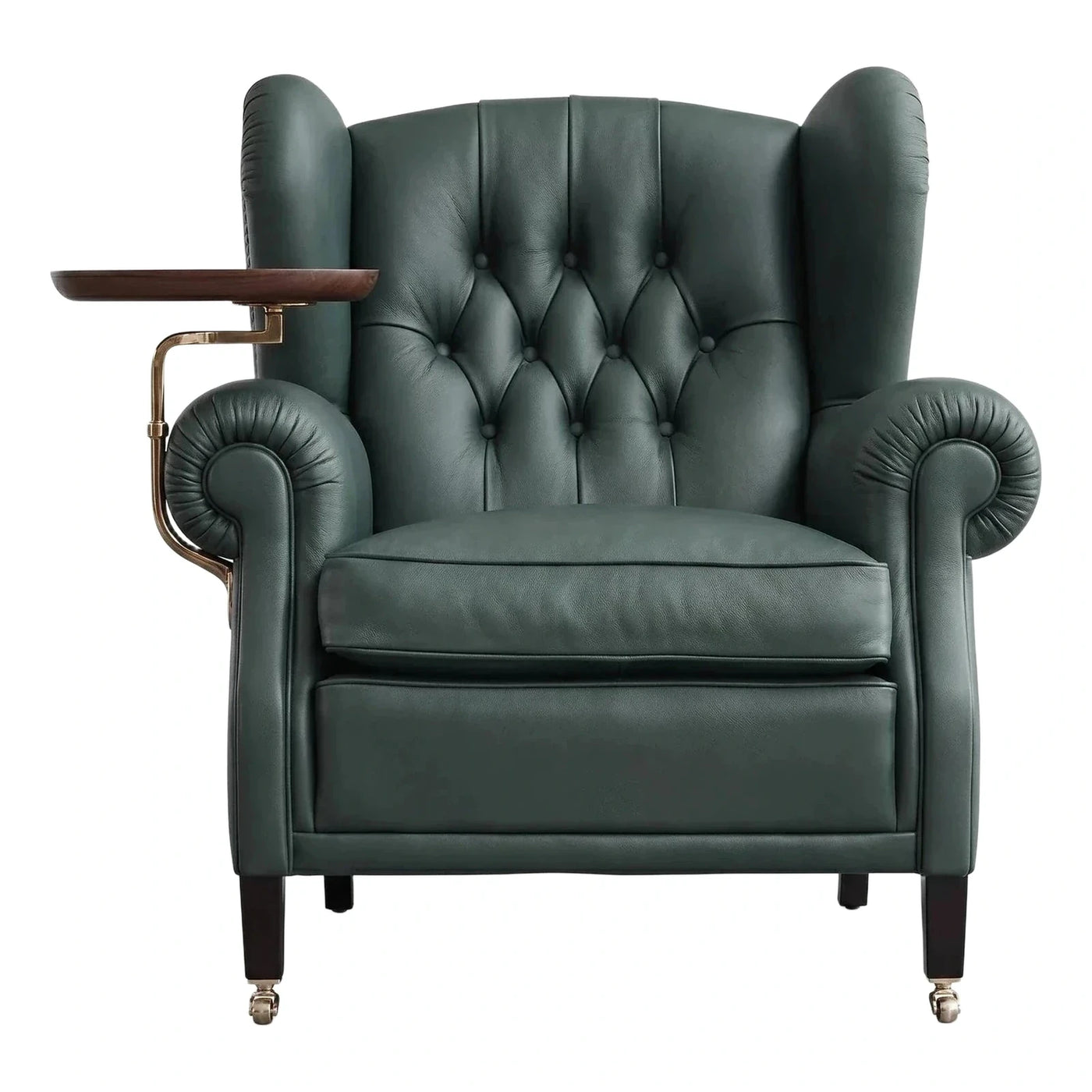 Dark Green Leather Wingback Armchair with Side Table