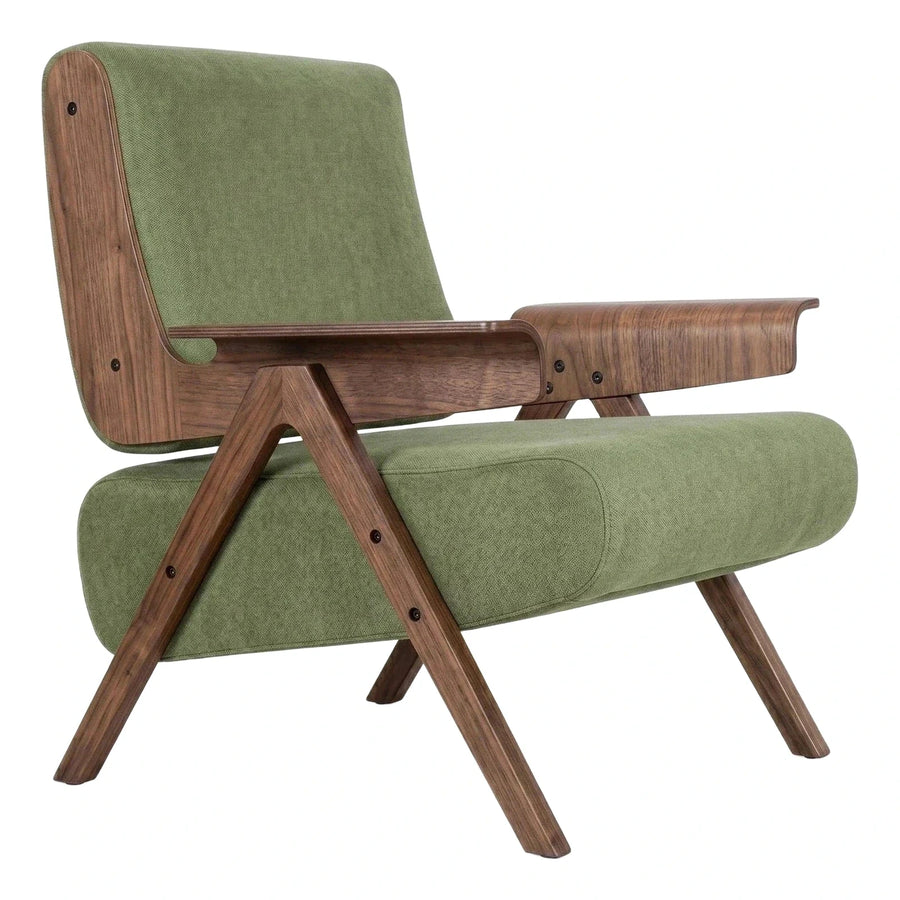 Green Fabric Lounge Chair with Walnut Wood Frame