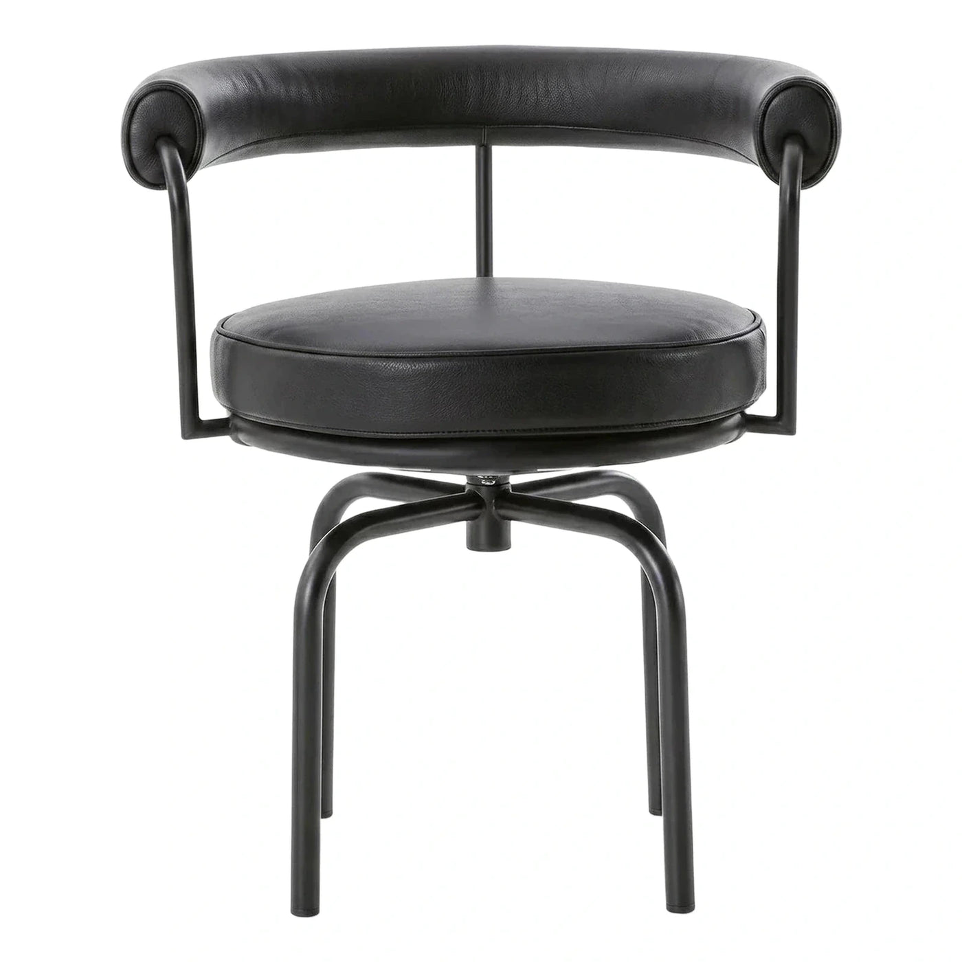 Black Leather Swivel Armchair with Curved Backrest