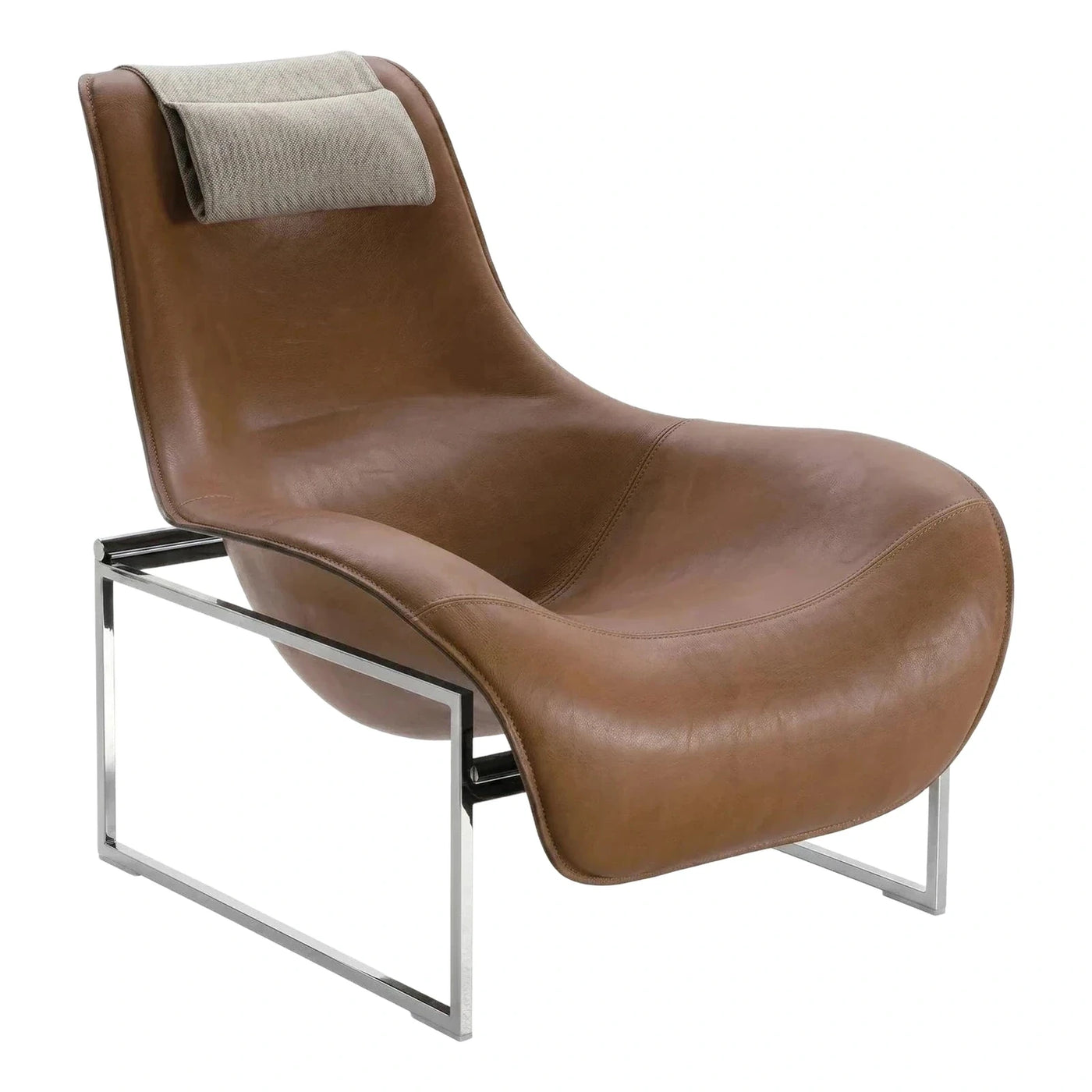 Modern Brown Leather Lounge Chair with Chrome Base
