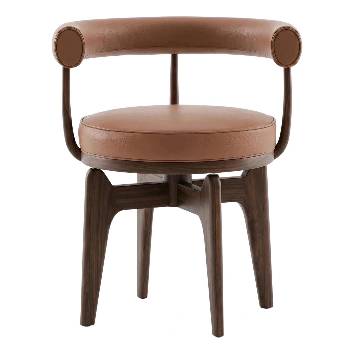 Modern Tan Leather Dining Chair with Walnut Wood Frame