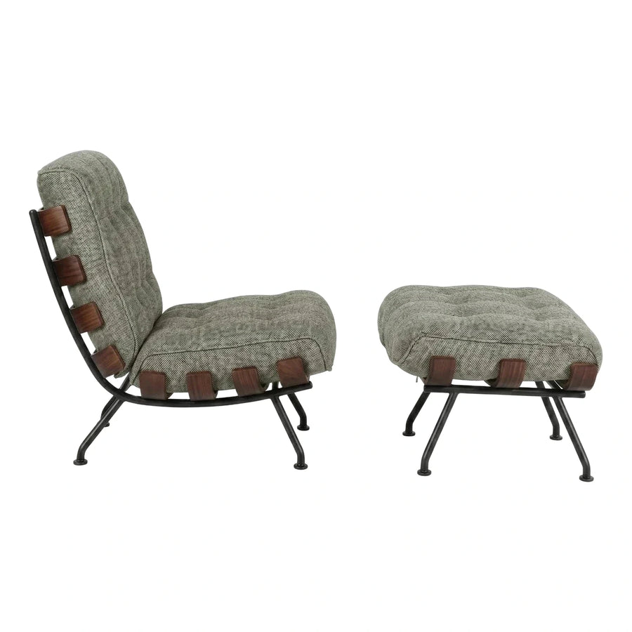 Grey Tufted Lounge Chair and Ottoman Set with Wood Accents