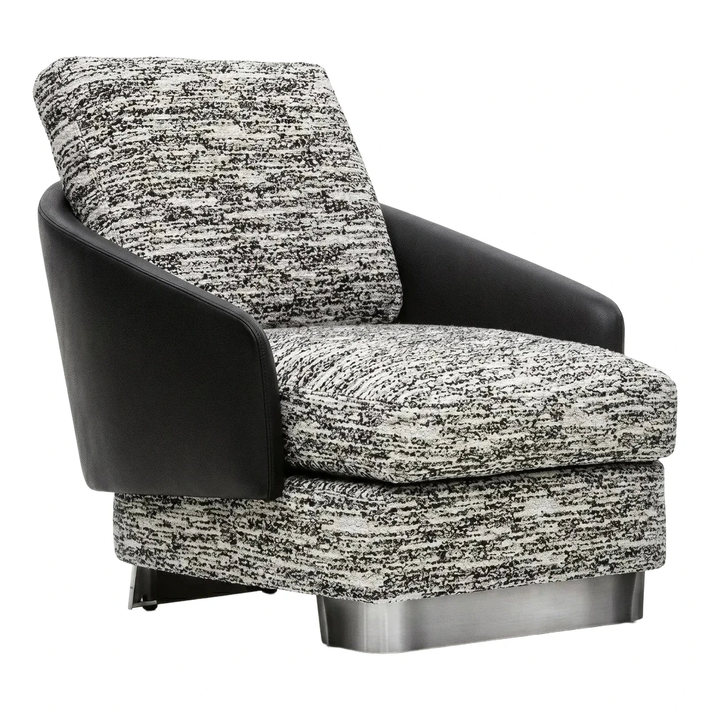 Modern Swivel Armchair Black Leather and Speckled Fabric
