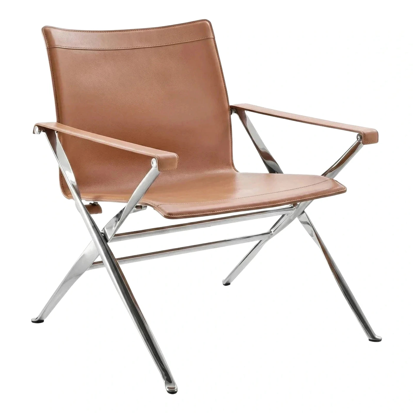 Modern Tan Leather Lounge Chair with Chrome Frame