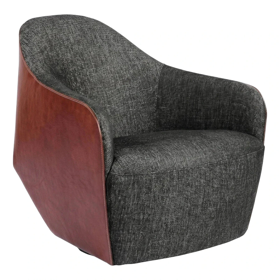 Modern Grey Fabric and Brown Leather Swivel Armchair