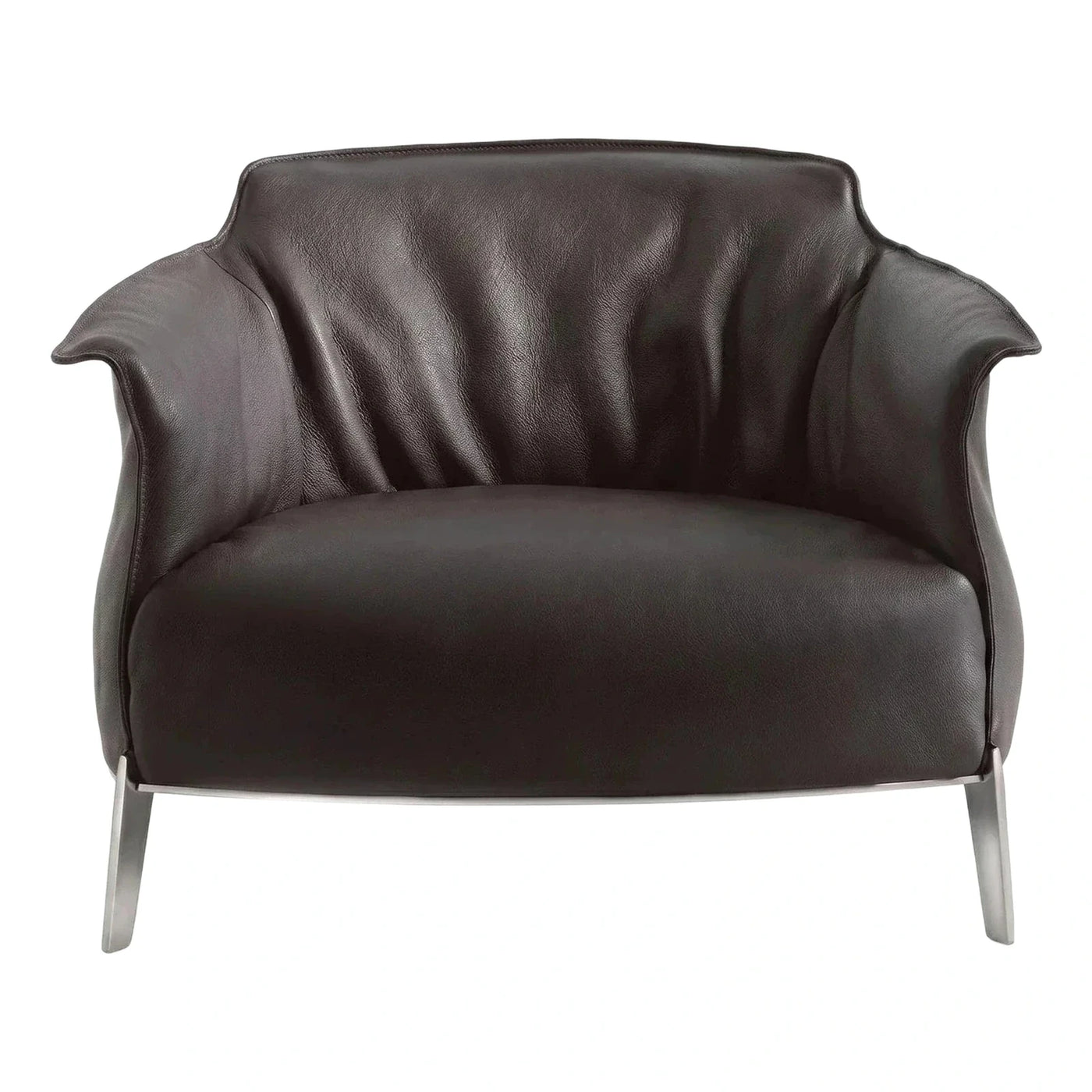 Sculptural Dark Leather Armchair with Metal Legs
