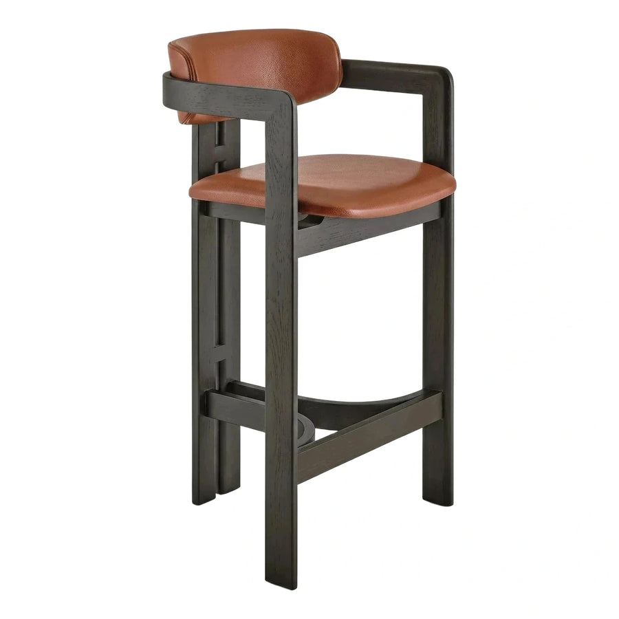 Modern Dark Wood Bar Stool with Brown Leather