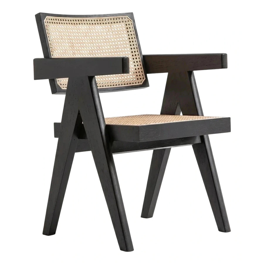 Black Wood Armchair with Natural Cane Weave