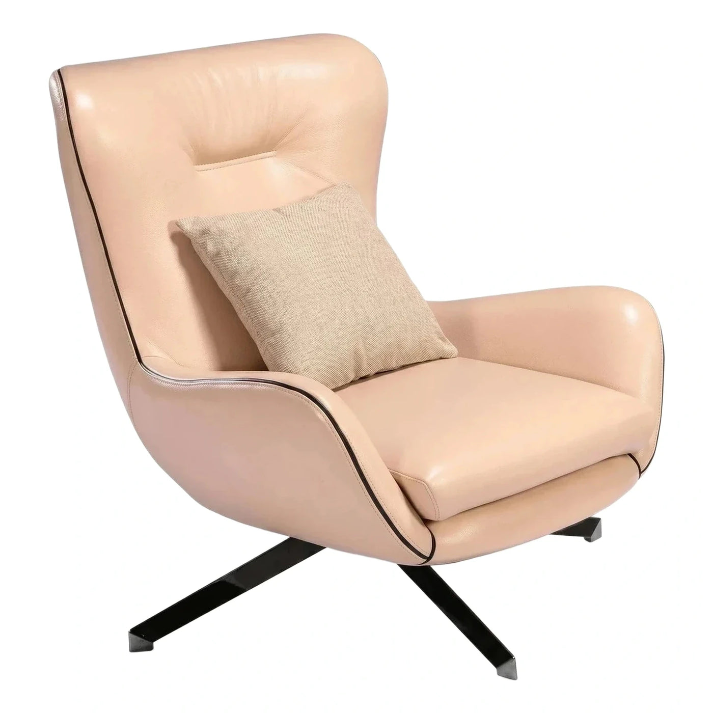 Modern Beige Leather Lounge Chair with Black Piping