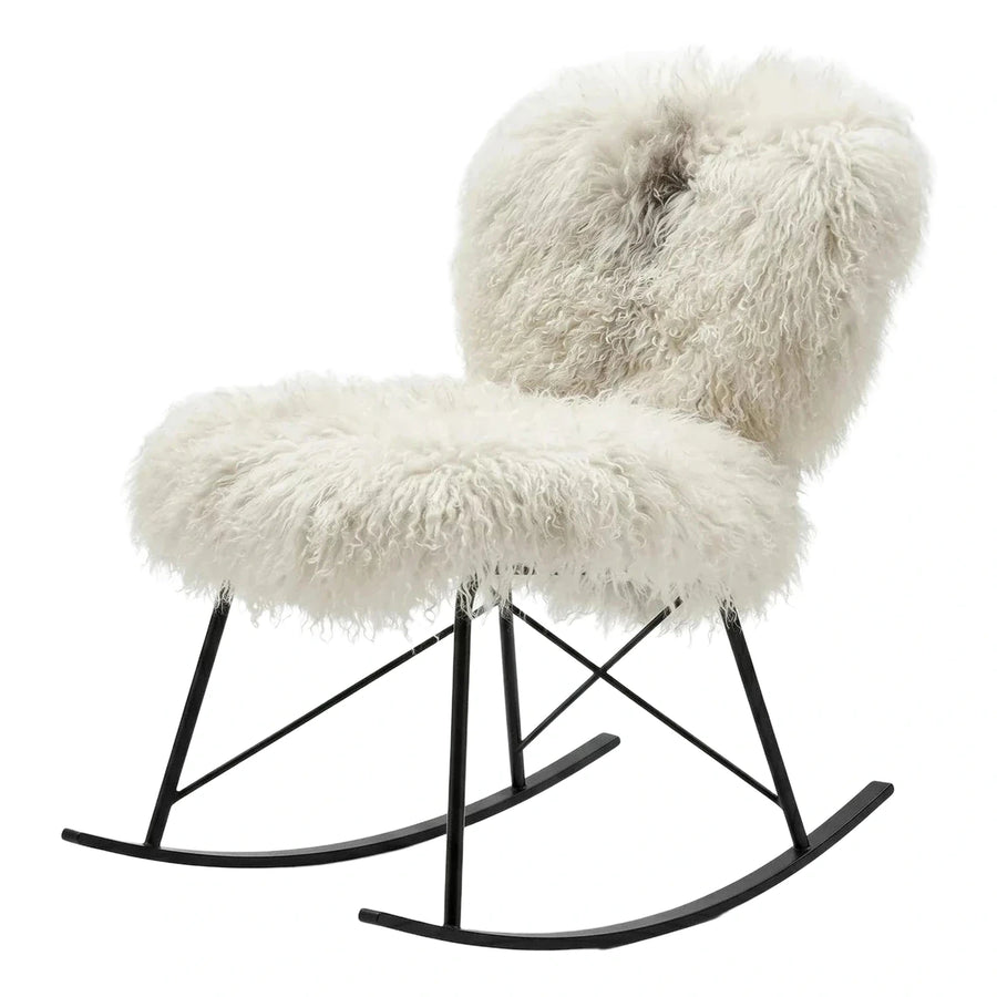 Modern White Sheepskin Rocking Chair Black Metal Base