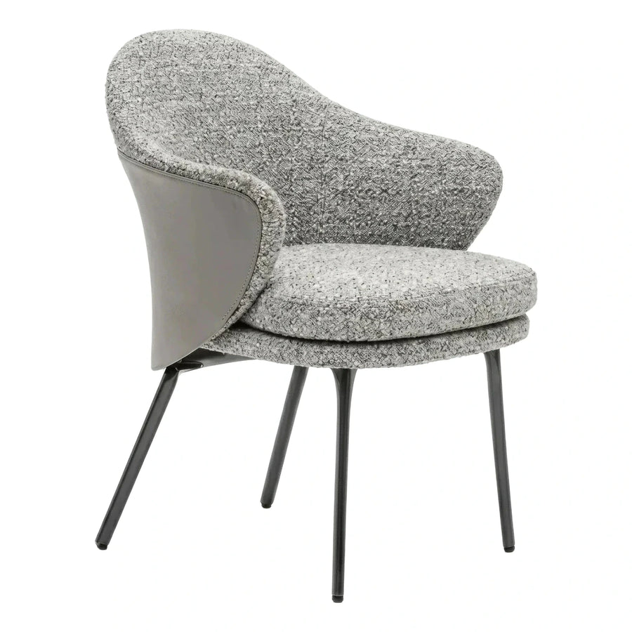 Grey Boucle Armchair with Leather Back and Metal Legs