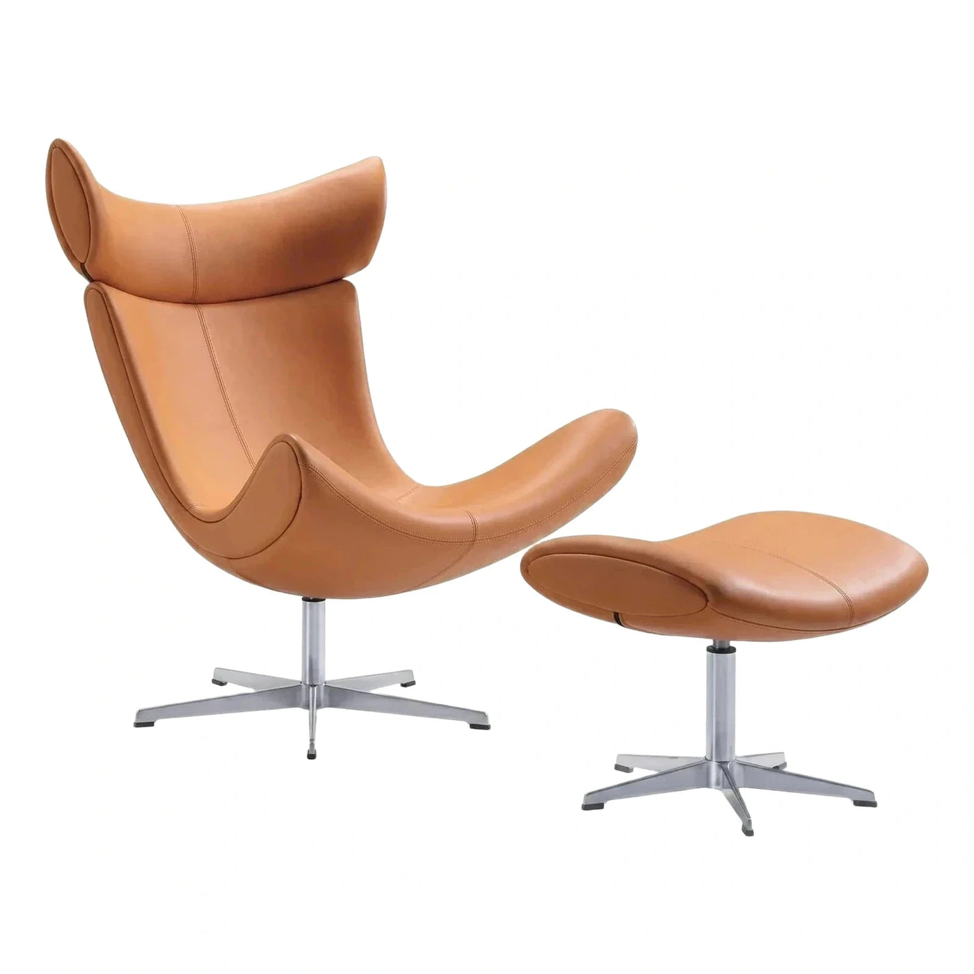 Tan Leather Swivel Lounge Chair and Ottoman Set