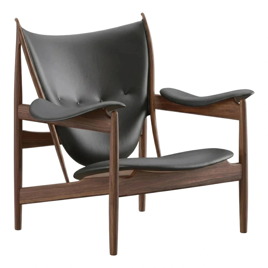 Black Leather Sling Lounge Chair with Wood Frame