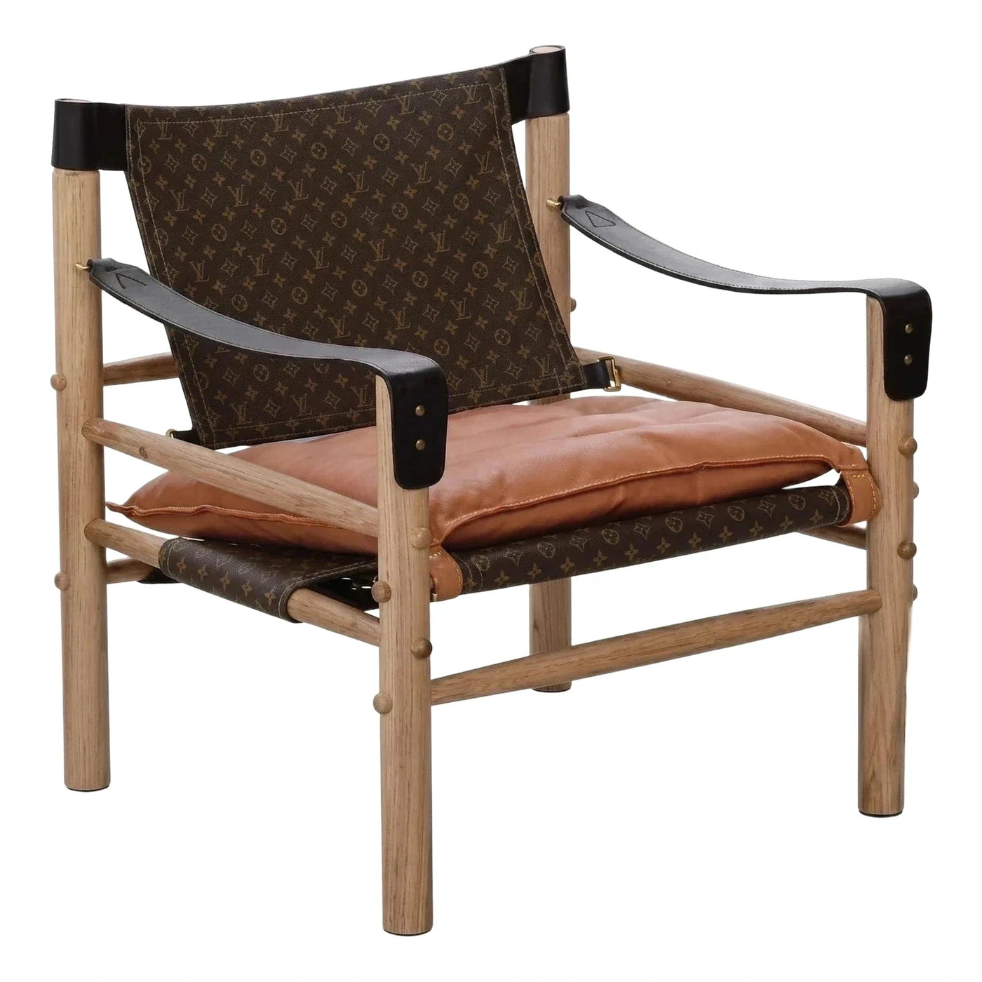 Wooden Frame Lounge Chair with Monogram Canvas and Leather